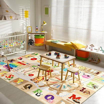 6x9 Playroom Rugs for Kids Washable, Educational and Fun Playmat with ABC Alphabet Animals Shapes Colors, Non-Slip Play Mat Learning Rugs for Baby Toddler Children Game Activity，Beige, Pink