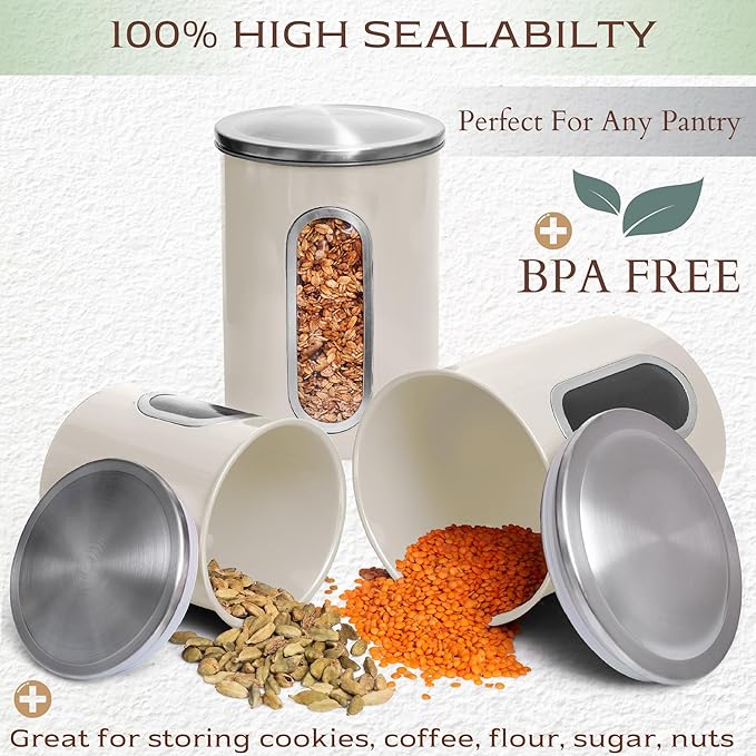 Moss & Stone 3-Piece Beige Canisters Sets For The Kitchen, Airtight Canister Set With See Through Window, Storage Jars for Coffee Container, Tea Organizer & Sugar Canister, Beige Kitchen Canisters