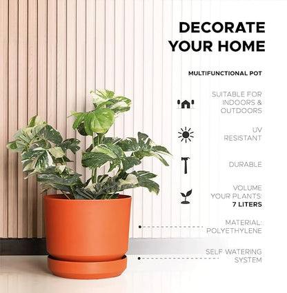 Elly Décor 8 inch Plastic Cylinder Planter Pot with Self-Watering Saucer and Drainage Hole,Lightweight & Extremely Durable, 8"x 8", Terracotta