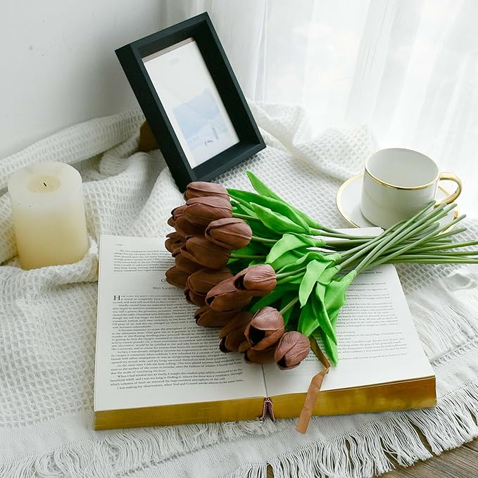 Mandy's Artificial Tulips 20 Stems Brown PU Faux Flowers for Wedding Home Decor 13.5 Inch