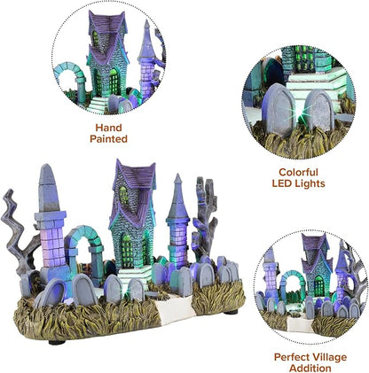 Cemetery Yard Graveyard Grave Theme Spooky Halloween Village Colorful LED Lights 9.25"x 5" x 6.25"