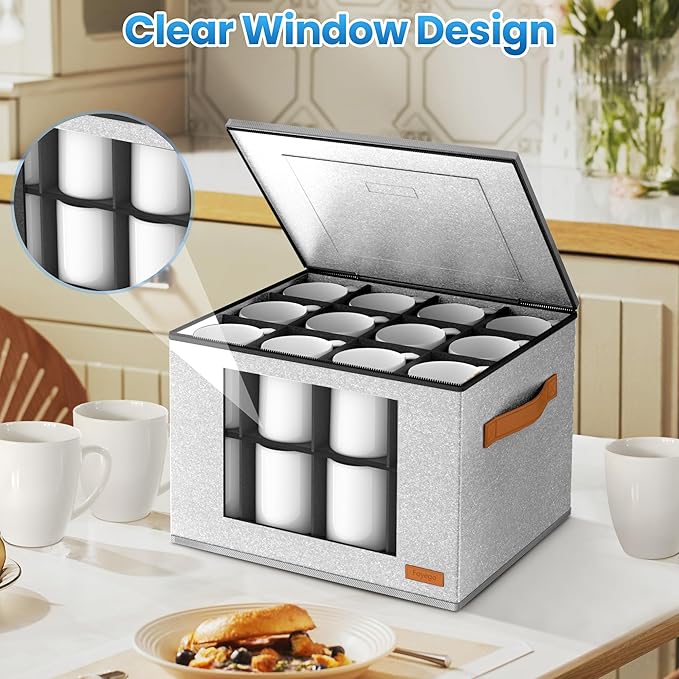 2-Layer Coffee Mug Storage Box with Dividers, Cup Storage Organizer with Zipper Lid and Handles, Stackable China Storage Containers Service for 24 Mugs, Cups and Glasses, Light Grey
