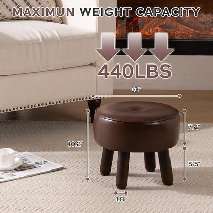 Small Foot Stool Ottoman, Round Pouf Foot Rest, Footstool Ottomans with Rubber Legs Under Desk, Faux Leather Footrest for Couch, Living Room, Bedroom, Office, 13''L x 13''W x 10.2''H, Coffee