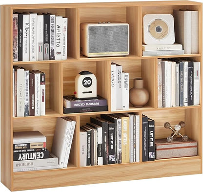 LEYAOYAO 10 Cube Bookshelf with Base,3 Tier Mid-Century Modern Grey Bookcase,Standing Wide Bookshelves Storage Organizer Shelf,Rustic Wood Display Cabinet Book Shelves for Bedroom,Living Room,Office