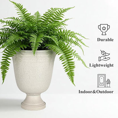 Worth Garden 2-Pack 19.5" H Plastic Urn Planters, Grayish White Large Lightweight Imitation Stone Textured Decorative Flower Plant Pots with Drainage Hole for Indoor Outdoor Patio Front Porch