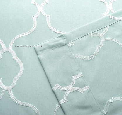 MIUCO Moroccan Embroidered Semi Sheer Curtains Linen Look Grommet Panels for Bedroom 52 x 95 Inch 2 Panels, Subtle Green