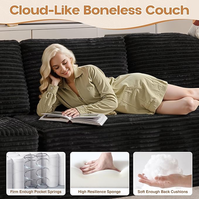 Cloud Sectional Couches for Living Room,U Shaped Modular Sofas No Assembly,135x79 Inches Plush Corduroy Oversized Floor Couch Set with Deep Seat Chaise,Black