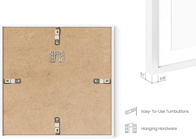 HAUS AND HUES 8x8 White Metal Picture Frames Matted to 4x4 - Features Premium Aluminum & Hanging Hardware, Shatterproof Plexiglass - Ideal for Home, Room, Office (8x8 in, White, Set of 9)