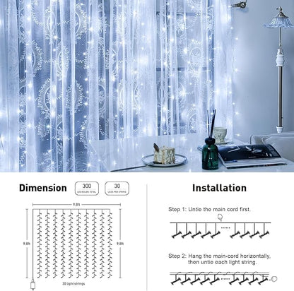 JMEXSUSS 900LED Christmas Curtain Lights, 9.5x29.5ft White Indoor/Outdoor Plug-in with Remote, Window Hanging String Lights for Bedroom, Wedding, Xmas Decoration
