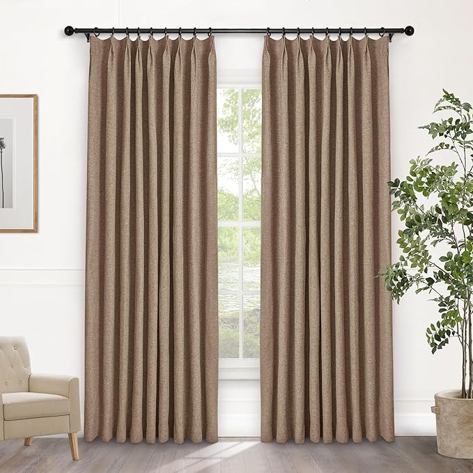Macochico Pinch Pleated Blackout Linen Curtains 96 Inches Long 100% Light Blocking Burlap Curtains for Bedroom Living Room Thermal Window Panels with Tieback 72”Wx96”L Taupe 1 Panel