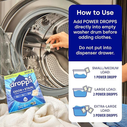Dropps Odor & Stain Biobased Power Laundry Detergent Pods, Lavender Meadow (64 Count) - HE Compatible Laundry Pods for Fresh Clothes - Washing Detergent Soap Supplies & Recyclable Paperboard Packaging