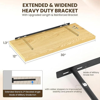 30" Floating Shelves for Wall, 12" Deep Slim Oak Floating Shelves, Wall-Mounted Shelves for Bedroom, Living Room, Kitchen, Bathroom - Set of 2