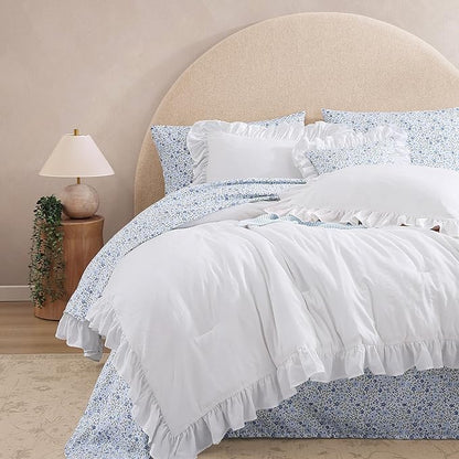 Queen Comforter Set - 7 Pieces Ruffle White Bedding Sets, Shabby Chic Farmhouse Bed in a Bag Queen with Ruffle Comforter, Floral Sheets, Pillowcases & Shams