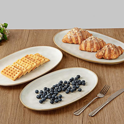 famiware Serving Platter, Oval 15.59/14.3/12.9 inch Serving Dishes for Entertaining, Serving Bowls, Microwave Safe, Stonware Serving Trays for Party, Turkey, Cheese, Ocean Series, Cappuccino White
