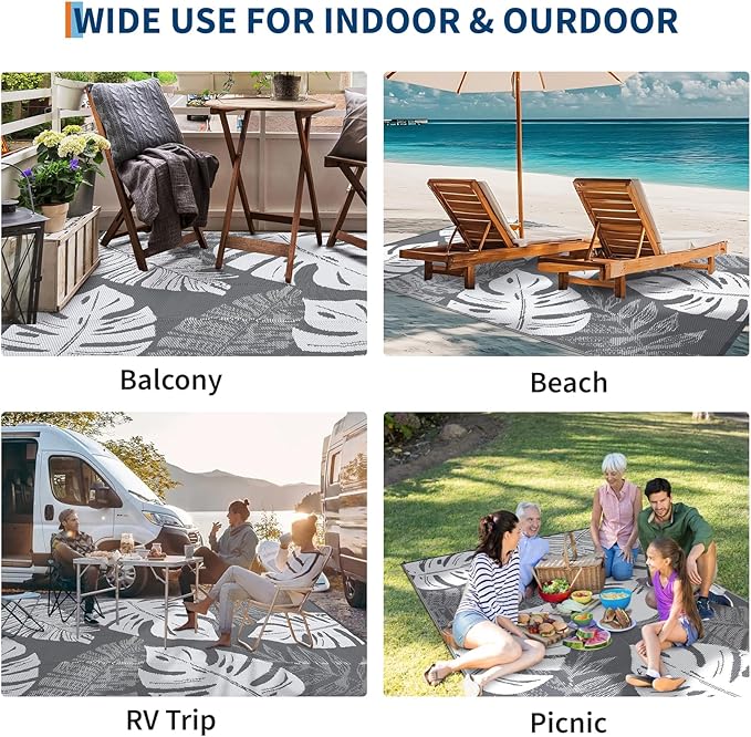 GAOMON Outdoor Rug 9x18 Waterproof Patio Rugs Reversible Outdoor Plastic Straw Rug Camping Mat, Foldable Portable RV Picnic Carpet with Bag & 4 Stakes, UV Resistant Carpet for Deck Balcony, Grey