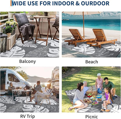 GAOMON Outdoor Rug 9x18 Waterproof Patio Rugs Reversible Outdoor Plastic Straw Rug Camping Mat, Foldable Portable RV Picnic Carpet with Bag & 4 Stakes, UV Resistant Carpet for Deck Balcony, Grey