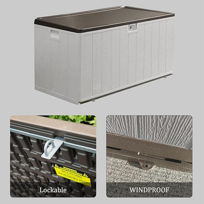 110 Pro Gallon Resin Deck Box, Waterproof Outdoor Storage Bin for Patio, Poolside, and Garden, Lockable & UV-Resistant, Ideal for Small Spaces, Coffee