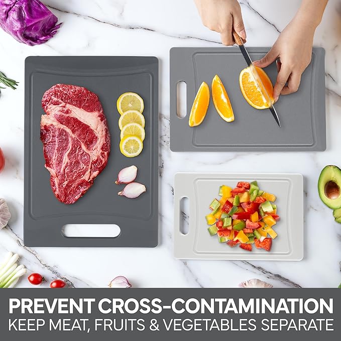 COOK WITH COLOR Non-Slip Cutting Board Set – Kitchen Essentials with Easy Grip Handle for Meat, Veggies, and Fruits, 3 Cutting Boards, Gray