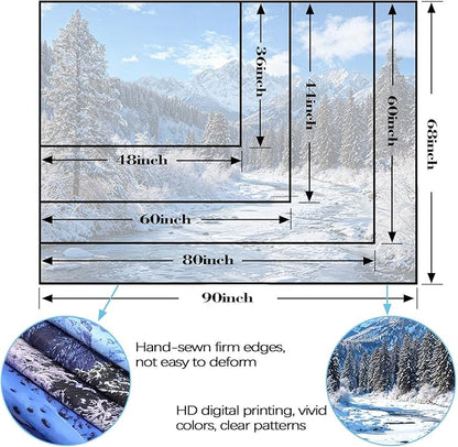 AMM Winter Forest Snow Mountain Tapestry Snowy Pine Tree Woodland Tapestry for Bedroom Aesthetic White Clouds Flowing River Landscape Tapestries Wall Hanging for Living Room Dorm Office 80 x 60 Inch