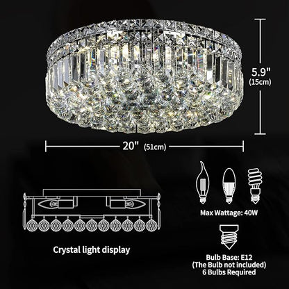 6-Lights Crystal Flush Mount Chandelier Light Fixture with K9 Crystals Modern Ceiling Lights Elegant Pendant Lamp for Bedroom,Hallway,Bar,Living Room,Dining Room,H5.9 xW20 (Bulbs Not Included)