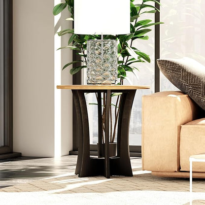 Farmhouse Round End Table with Criss-Cross Wood Legs, Rustic French Country Side Table for Dinning or Living Room, Modern, Black, Natural Wood