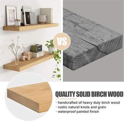 Floating Shelves for Wall, USA-Sourced Brich Wood 24 Inch Wall Shelves Set of 2, Natural Wooden Mounted Picture Ledge Shelf, Nursery Book Storage Shelf Kids Bookshelf Display, Shelf for Bathroom