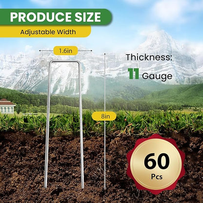 Landscape Staples Galvanized 8 Inch 60 Pcs, Metal Garden Stakes 1.6 Inch, Garden Staples for Lawn 11 Gauge