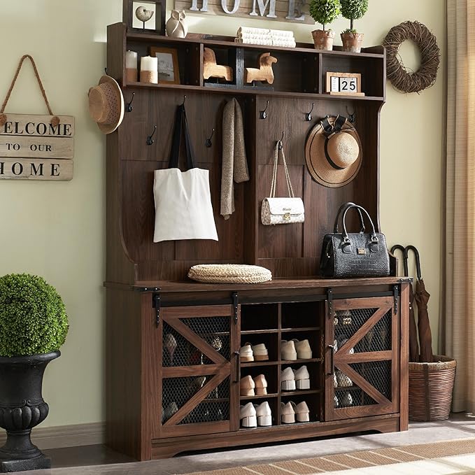 JXQTLINGMU 59" Farmhouse Hall Tree with Shoe Storage, Entryway Bench with 20 Cubbies, 12 Hooks & Sliding Barn Doors, Mudroom Coat Rack Cabinet, Brown