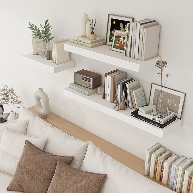 Deep Floating Shelves, 12'' Deep Rustic Large Floating Shelves Set of 2, White Shelves for Wall 36 Inches Long, Wood Shelves for Living Room Laundry Room Bedroom Kitchen Home Office - White
