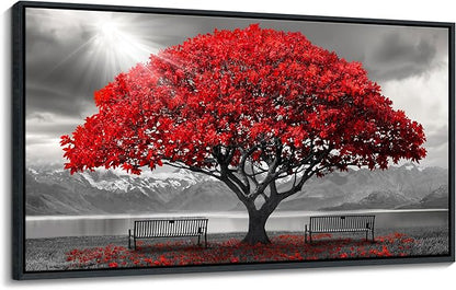 AJAZIKO Red Wall Art - Modern Framed Wall Art for Living Room - Red Tree Black and White Landscape Canvas Prints Posters & Prints for Home Office Bedroom Decorations - Large Wall Pictures 29×58IN