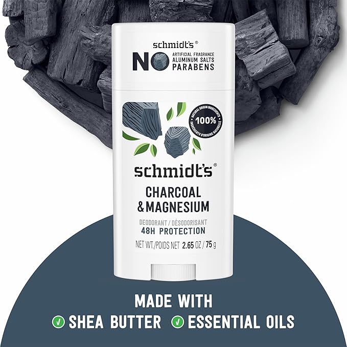 Schmidt's Aluminum-Free Vegan Deodorant Charcoal & Magnesium with 24 Hour Odor Protection, for Women and Men, Natural Ingredients, Cruelty-Free, 2.65 oz