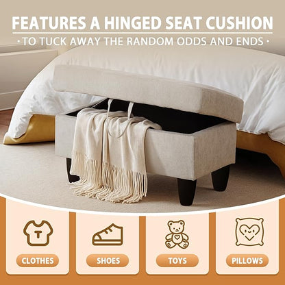 Ottoman Rectangular Storage Ottoman Bench, Flannel Footrest Stool Footstool with Lid for Living Room, Bedroom, Entryway, Khaki, 28.5"x19"x17.5"