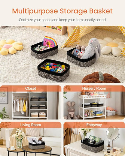 KALLAX Small Woven Basket, 13.5 x 9.5 x 5 Inches, Storage Basket for Organizing, Cute Small Rope Shelf Closet Cube Storage Bins Baskets for Shelves, Dog Toy Gift Baskets Empty, 3 Pack Black & Brown