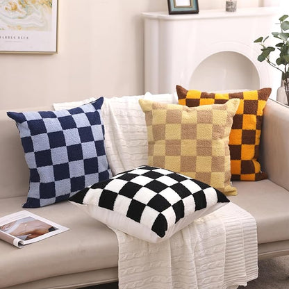 Alysheer Checkered Embroidered Decorative Throw Pillow Covers 18"x 18" Set of 2, Farmhouse Maillard Orange Brown Plaid Tufted Patterned Cotton Canvas Cushion Case for Sofa Couch Bed Living Room