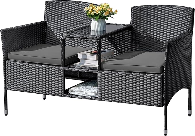 Flamaker Outdoor Furniture Patio Loveseat Wicker 2-Seat with Built-in Table and Cushions Rattan Porch Chairs Bench for Balcony, Lawn, Backyard (Grey)