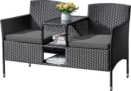 Flamaker Outdoor Furniture Patio Loveseat Wicker 2-Seat with Built-in Table and Cushions Rattan Porch Chairs Bench for Balcony, Lawn, Backyard (Grey)