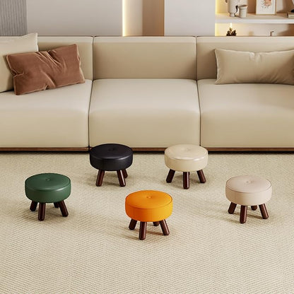 13in Small Foot Stool Ottoman, Round Faux Leather Foot Rest, Footstool Ottomans with Rubber Legs Under Desk, Footrest for Couch, Living Room, Bedroom, Office, 13''L x 13''W x 10.2''H, Black