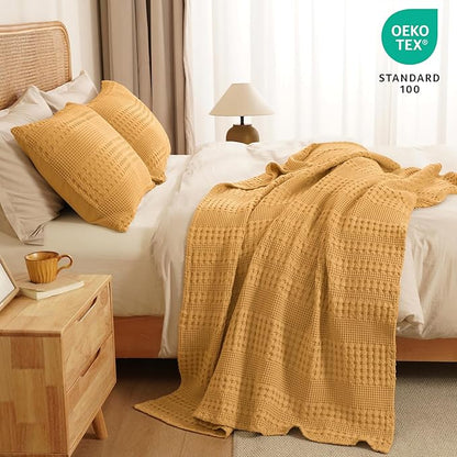 PHF 100% Cotton Waffle Weave Throw Blanket, Soft Lightweight Breathable Cozy Summer Throws for Couch Bed Sofa, Luxury Aesthetic Woven Blanket for Home Decor & Office, 50"x60", Ginger/Honey Yellow