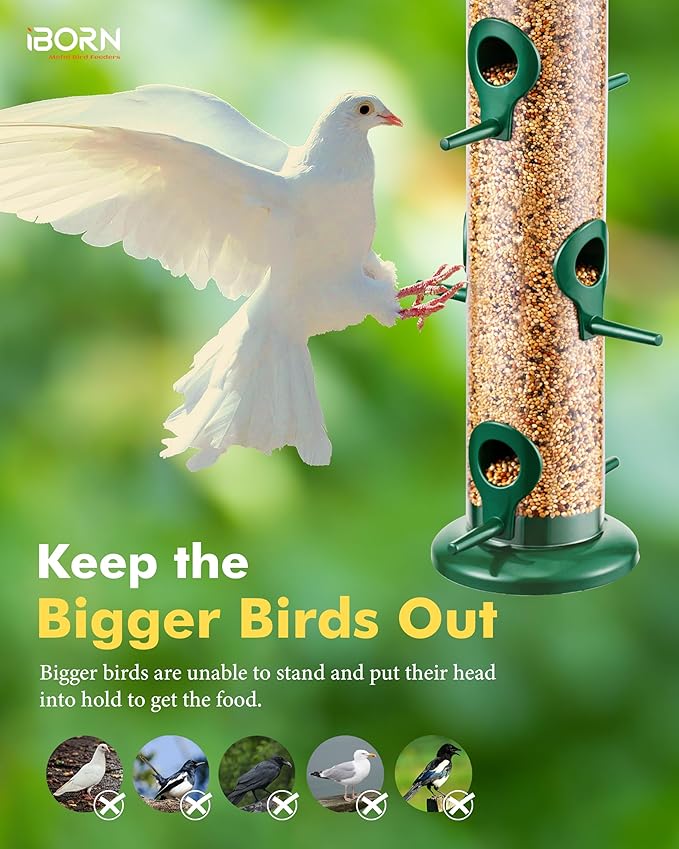 iBorn Metal Bird Feeders 6 Ports Hanging Wild Bird Seed Feeder for Mix Seed Blends, Niger Seed Feeder, Sunflower Heart, Birdbath, Heavy Duty All Metal Green Finishing 14 Inch 6Port, Pack of 2