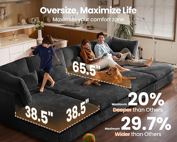 Oversized Modular Sofa, Extra Deep Cloud Corduroy Sectional Couch with Ottoman Chaise, Fluffy Chenille L-Shaped Sofas for Living Room, Villa (L Shape 4 Seater, Corduroy Black)