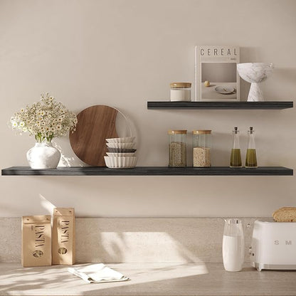 Wall Shelf Set of 2,Dark Wood Floating Shelves 24 in W x 10 in D x 1 in H, Wooden Floating Wall Shelf with Invisible Brackets for Living Room/Bedroom/Bathroom/Kitchen Storage and Decor