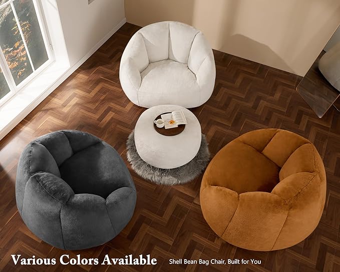 Giant Bean Bag Swivel Chair for Adults - Comfy Plush Round Shell Soft Accent Chaise Lounge Indoor Chair, Oversized Cozy Floor Sofa for Living Room, Bedroom & Game Rooms, Beige