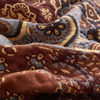Boho Throw Blanket for Couch Sofa Bed, 100% Cotton Woven Quilt with Tassel 80”x90”, Super Soft Muslin Blanket with Patchwork Printed, Decorative Reversible Bed Blanket/Cover for All Seasons