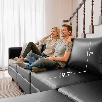 ABCASA 118.5" Faux Leather Modular Sectional Convertible Sofa, L Shaped Couch Set for Living Room, Large 8-Seater Comfy Cloud Couches with Movable Storage Ottoman DIY Combination - Black
