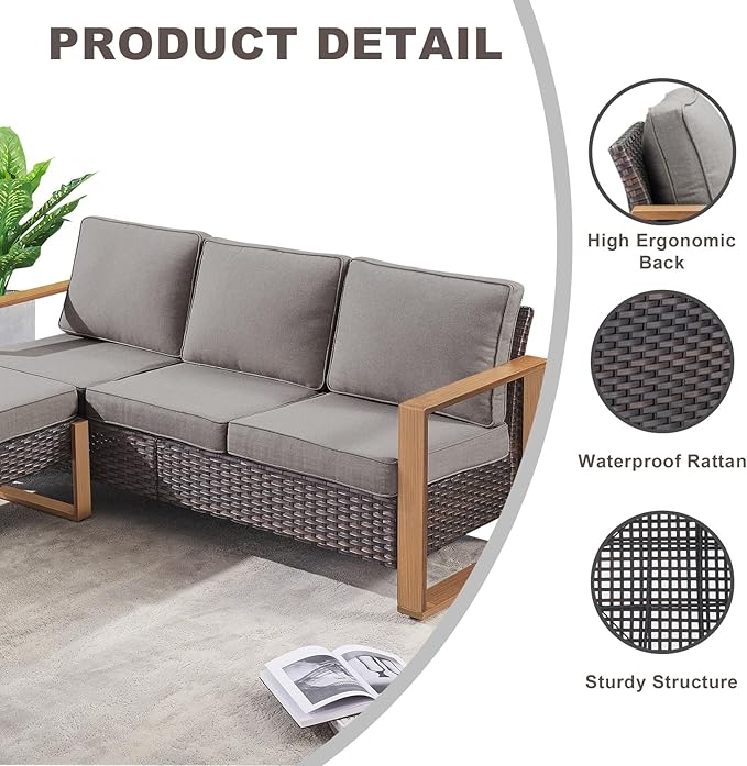 Outdoor Wicker Patio Furniture Set - 5 Piece Patio Conversation Set with 2 Wicker Swivel Rocker Chairs,2 Rattan Ottoman and 1 Couch,Thick Cushions,Deep Seating,Wide Armrest(Mixed Grey/Grey)