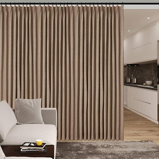 120" Wx108 L Linen Room Divider Drapes for Doorway/Glass Window/Sliding Door/Patio, Extra Wide Pinch Pleated Full Blackout Curtains for Girls Boys Teen Kids Room, 1 Panel, Taupe