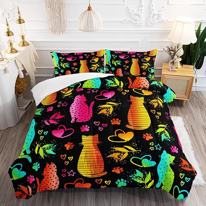 Kawaii Cat Animal Comforter 3Pcs Full Lovely Pet Cat Bedding Set for Kid Teen Girl Boy Adult Room Decor Cartoon Kitten Paw Heart Bamboo Leaf Pattern Quilt with 1 Comforter and 2 Pillowcases