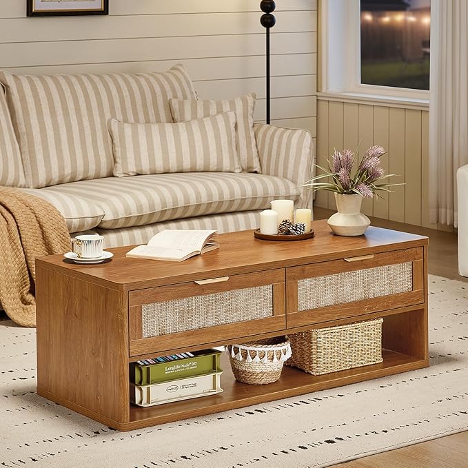 LEYAOYAO Boho Rattan Coffee Table and End Table Sets, 48" Wide Center Tables & 23" Night Stand with 3 Drawers, Brown Wood Coffee Table for Living Room 3 Piece Set