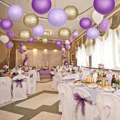 Paper Lanterns Decorative, Purple Lavender Gold Hanging Round Chinese Lanterns with Lights for Graduation Bachelorette Theme Birthday Party 12 LED Light Pack of 12