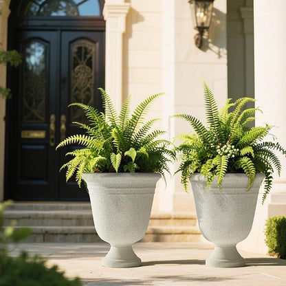 Worth Garden 2-Pack 19.5" H Plastic Urn Planters, Grayish White Large Lightweight Imitation Stone Textured Decorative Flower Plant Pots with Drainage Hole for Indoor Outdoor Patio Front Porch
